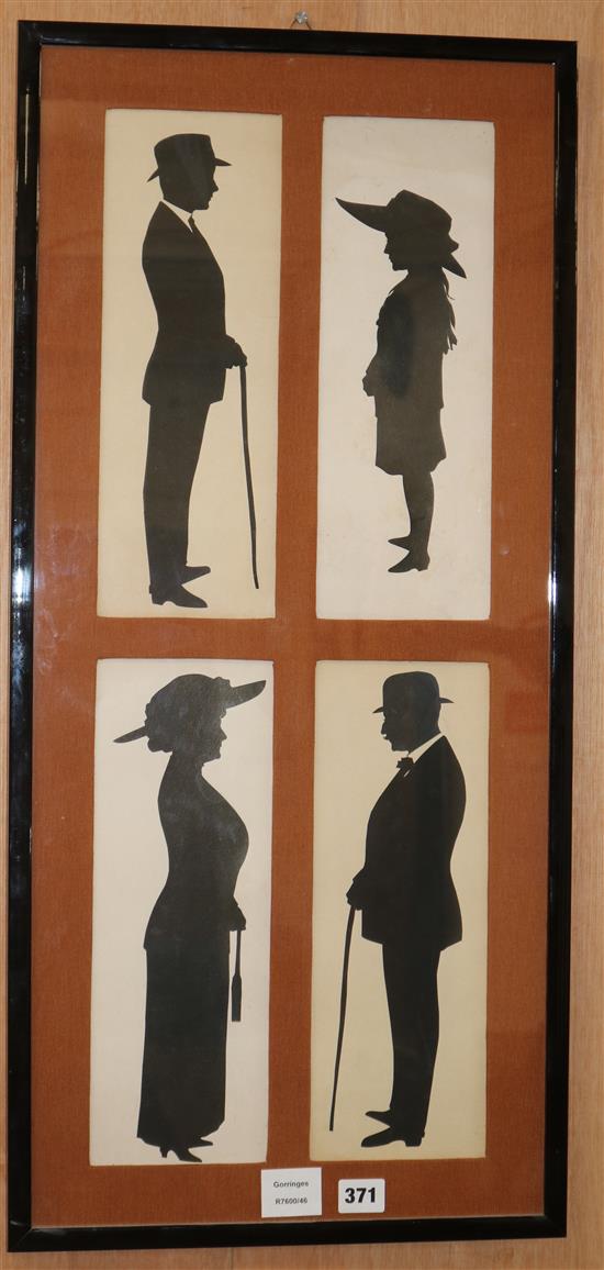 A set of four Edwardian cut paper silhouettes of figures, framed as one, 77 x 34.5cm